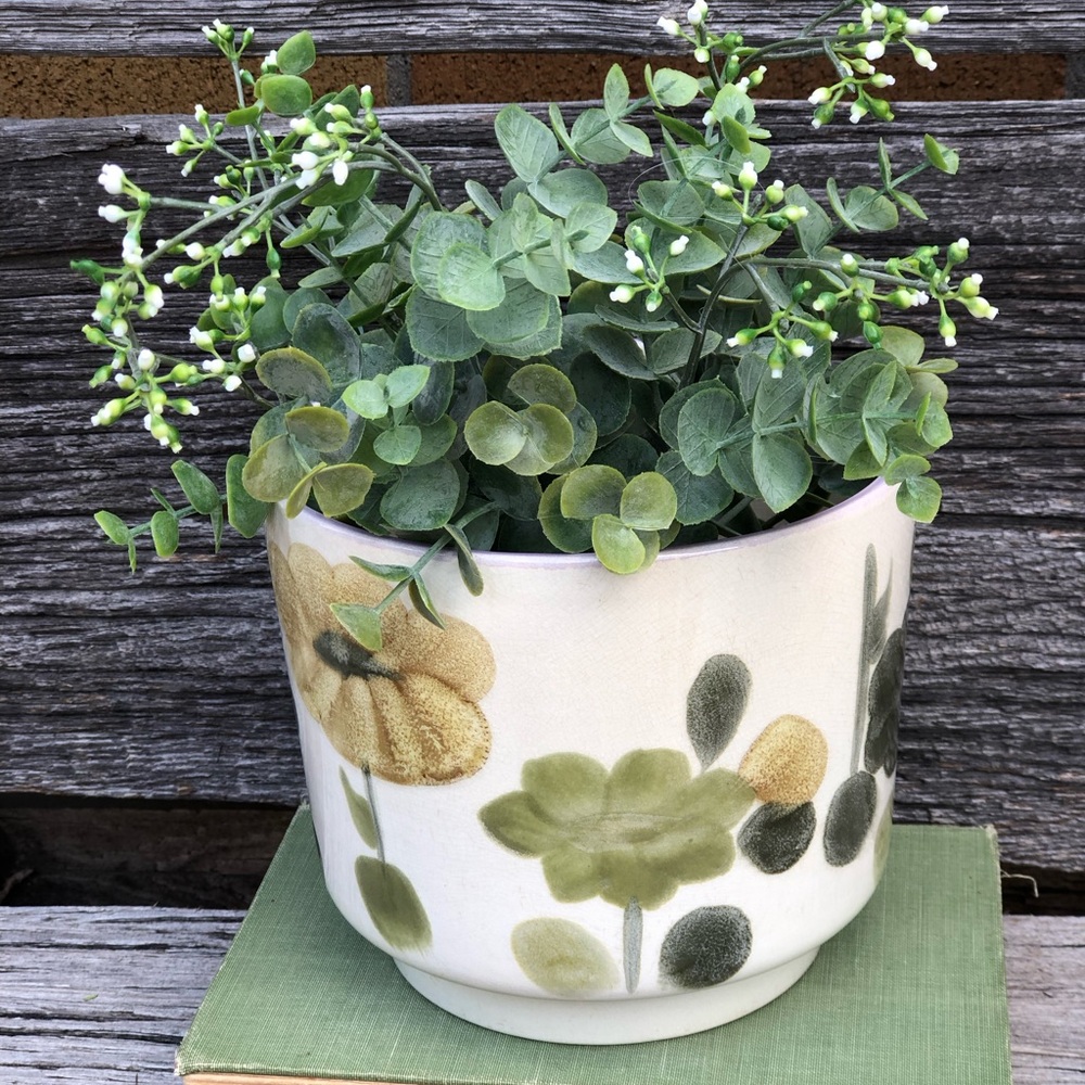 Crown Lynn Ironstone Boho Planter with floral motif Ceramic golden yellow green